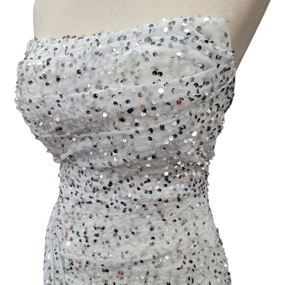 NWT White Silver Strapless Sequin Evening Gown with Corset Back on Velvet Fabric - Picture 4 of 14